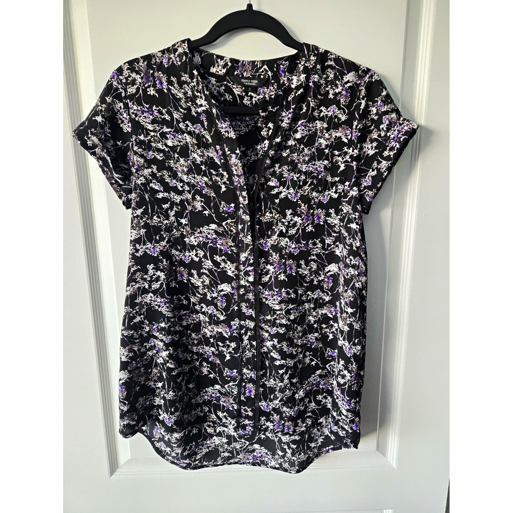 Simply Vera Vera Wang Women's S Black Floral Chiffon V-Neck Half Button Blouse